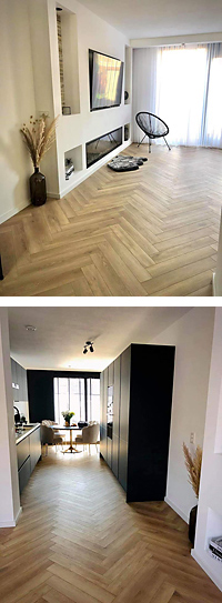 Visgraat van COREtec komt goed tot zijn recht in deze trendy en ruime woonkamer in een Rotterdamse nieuwbouwwoning. Visgraat-van-COREtec-ab