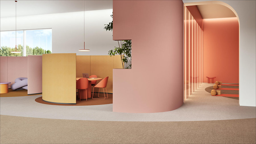 Tarkett heeft de collectie Desso AirMaster tapijttegels vernieuwd en verbeterd. Op de foto een combinatie tussen de ontwerpen ‘Earth’ en ‘Sphere’. (Foto: Tarkett). IN AirMaster 6018 2058 Sphere 9517 1510 Earth 1960 001